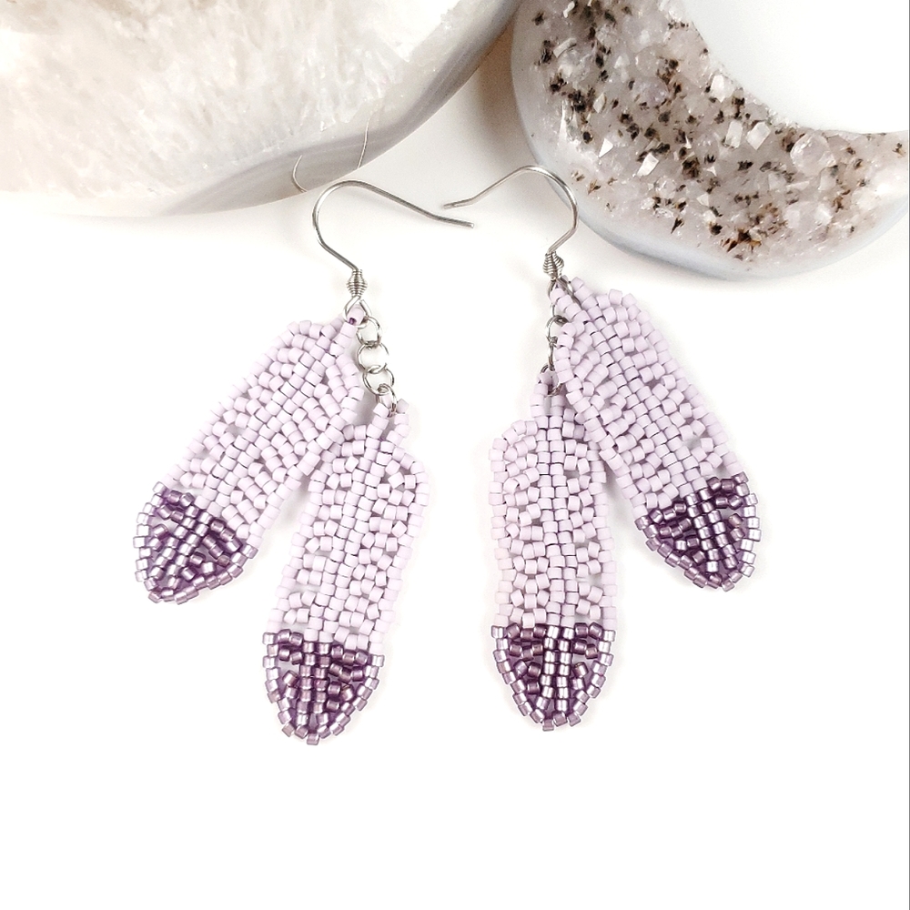 Beaded Double Feather Earrings Purple Small